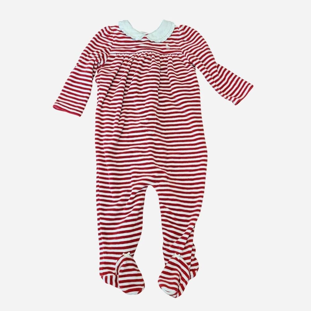 Ralph Lauren Baby Striped Velour Footed Romper 6-9M Peter Pan Collar Holiday